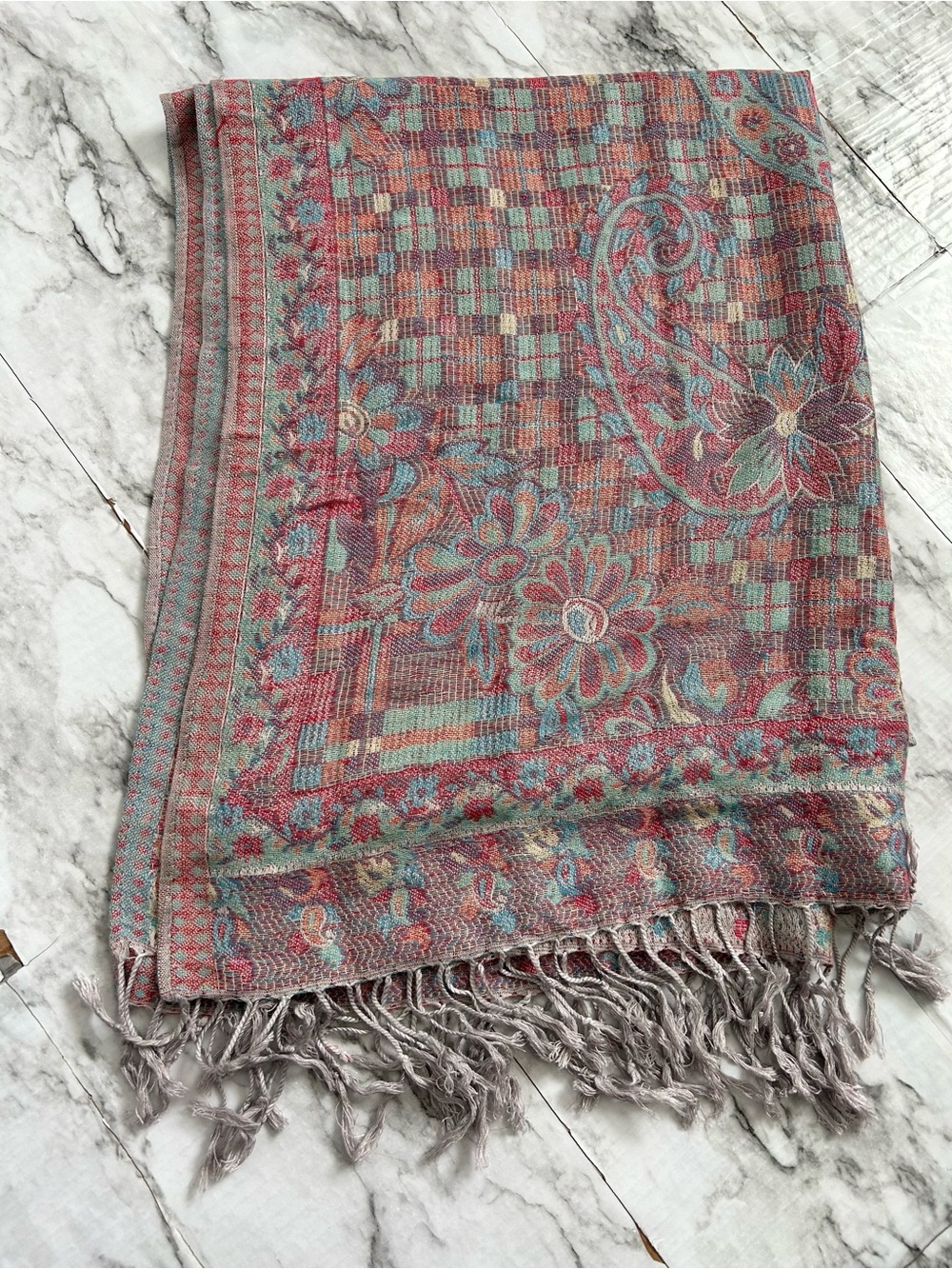 Cashmere large 100% Cashmere Scarf Shawl colorful floral paisley pattern 73”x27”